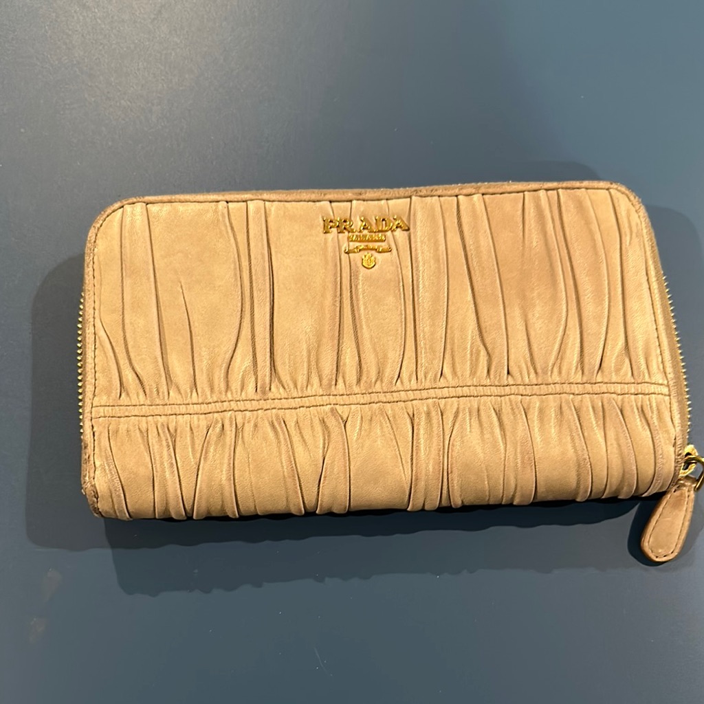 Prada Tan Leather Wallet With Elegant Ruched Design
